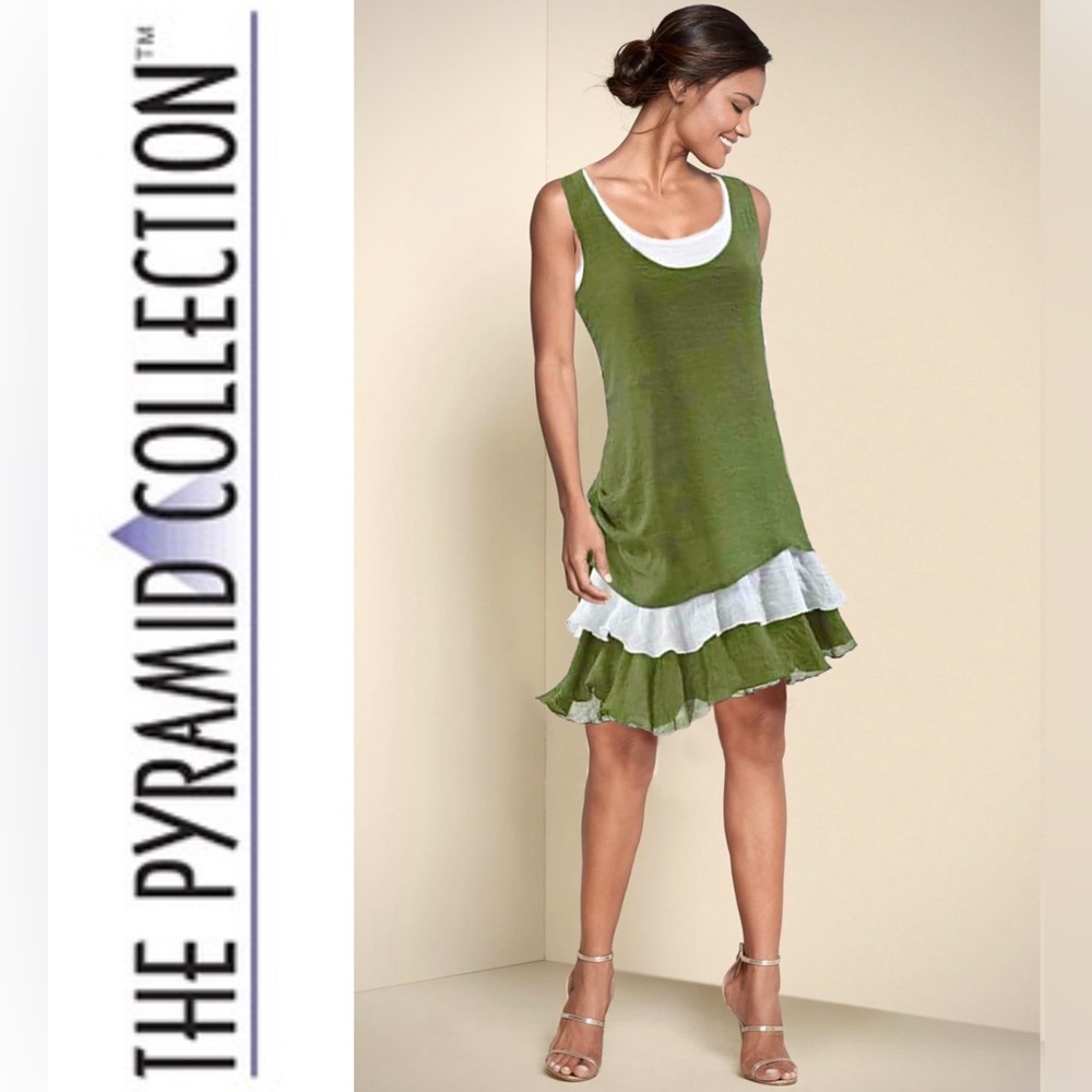 THE PYRAMID COLLECTION "Pixie" Layered Olive Sundress, size XS, LIKE NEW
